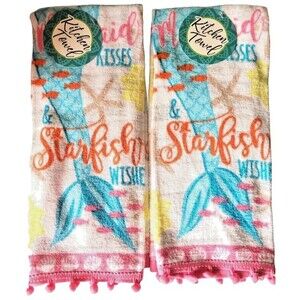 Mermaid Kisses Dish Towels Set of 2 Beach Coastal Summer Kitchen Pom Pom Trim